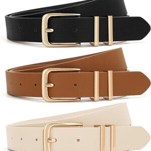 Women Leather Belts 3 Pack Casual Waist Belt Gold Buckle for Jeans Dresses